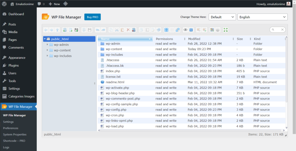 Tampilan halaman File manager melalui dashboard wordpress