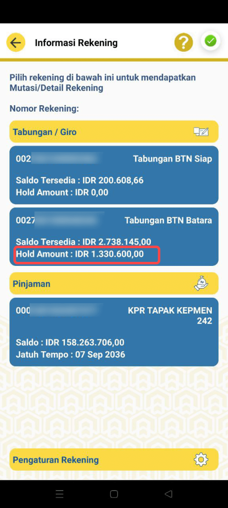 Contoh hold Amount Bank BTN